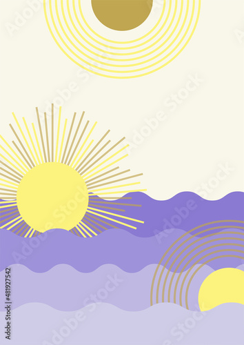Beach sunset landscape yellow purple colorful Flat Boho Geometric Neutral Color design Poster