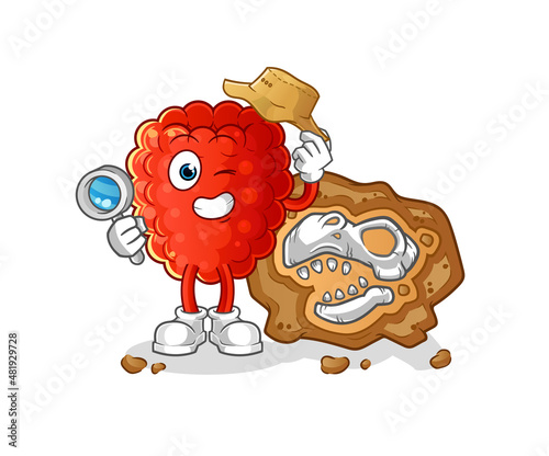 raspberry archaeologists with fossils mascot. cartoon vector