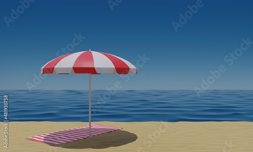 colorful umbrella and beach mat on the beach in summer.3d rendering.