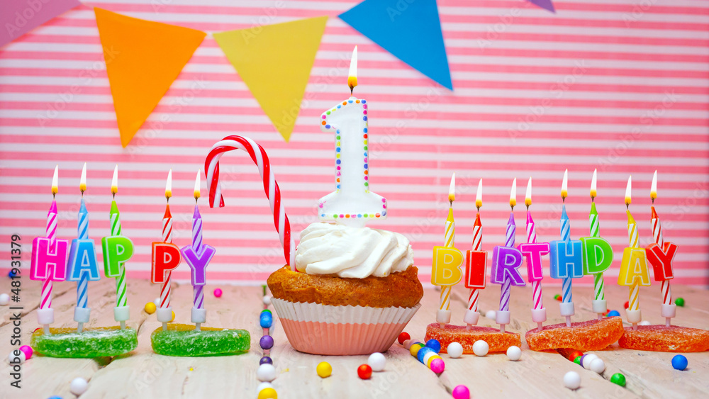 Happy birthday card for a one year old child with a large white number