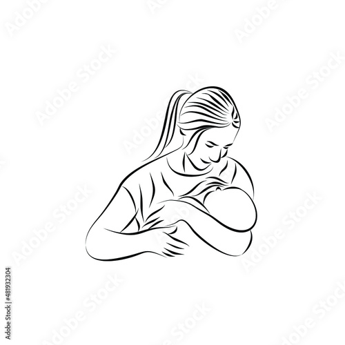 young mom breastfeeding line art logo design