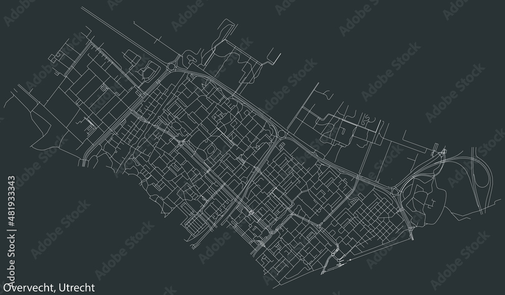 Detailed negative navigation white lines urban street roads map of the OVERVECHT QUARTER of the Dutch regional capital city Utrecht, Netherlands on dark gray background