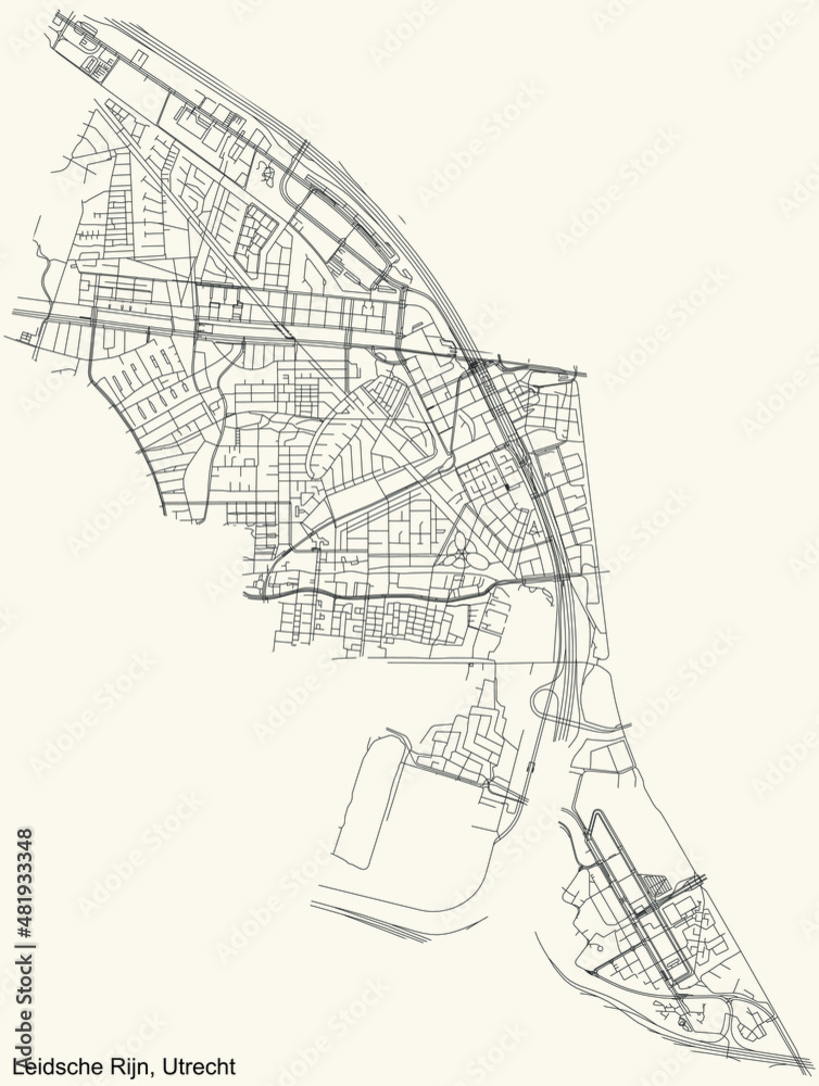 Detailed navigation black lines urban street roads map  of the LEIDSCHE RIJN QUARTER of the Dutch regional capital city Utrecht, Netherlands on vintage beige background