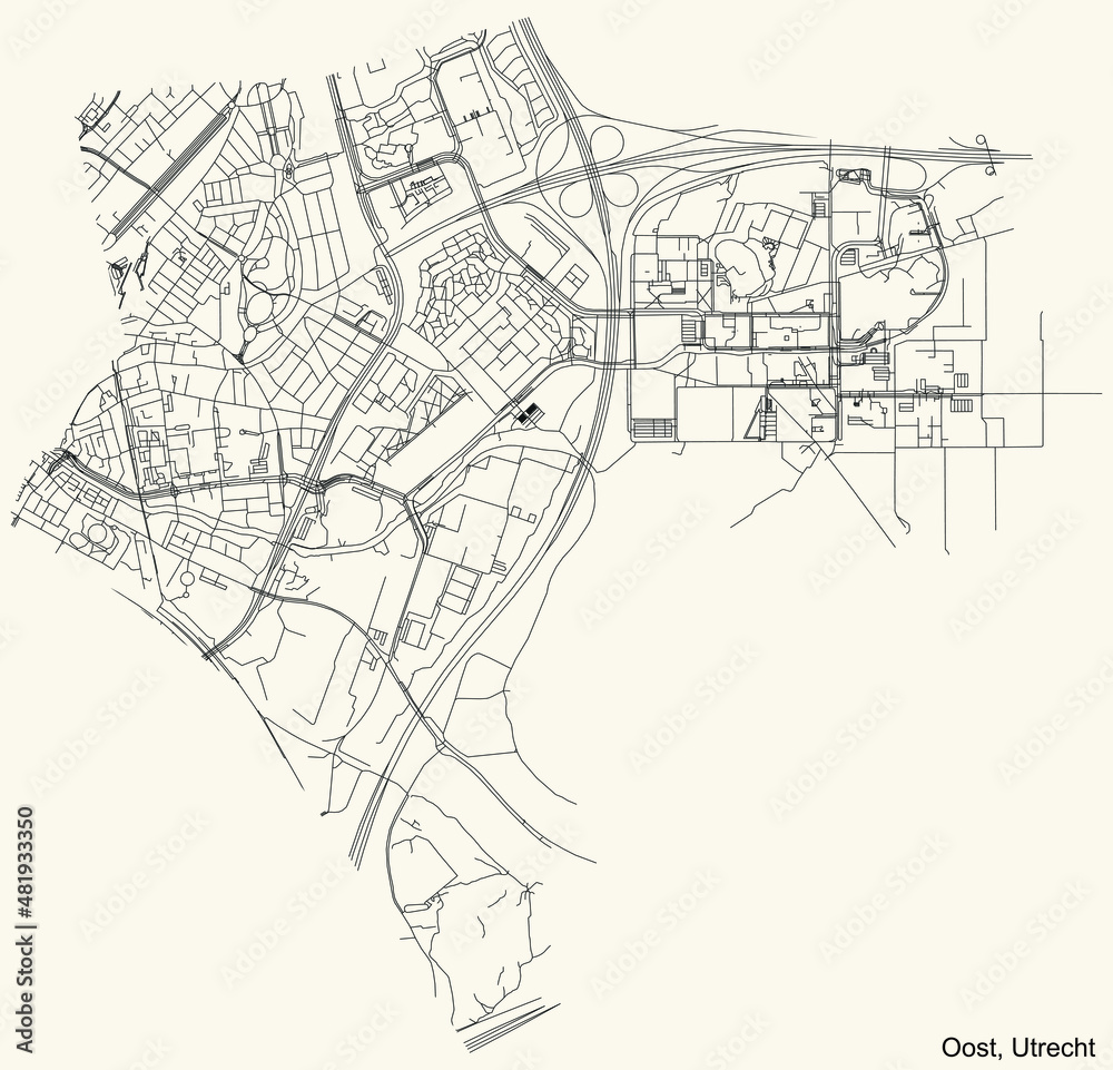 Detailed navigation black lines urban street roads map  of the OOST QUARTER of the Dutch regional capital city Utrecht, Netherlands on vintage beige background