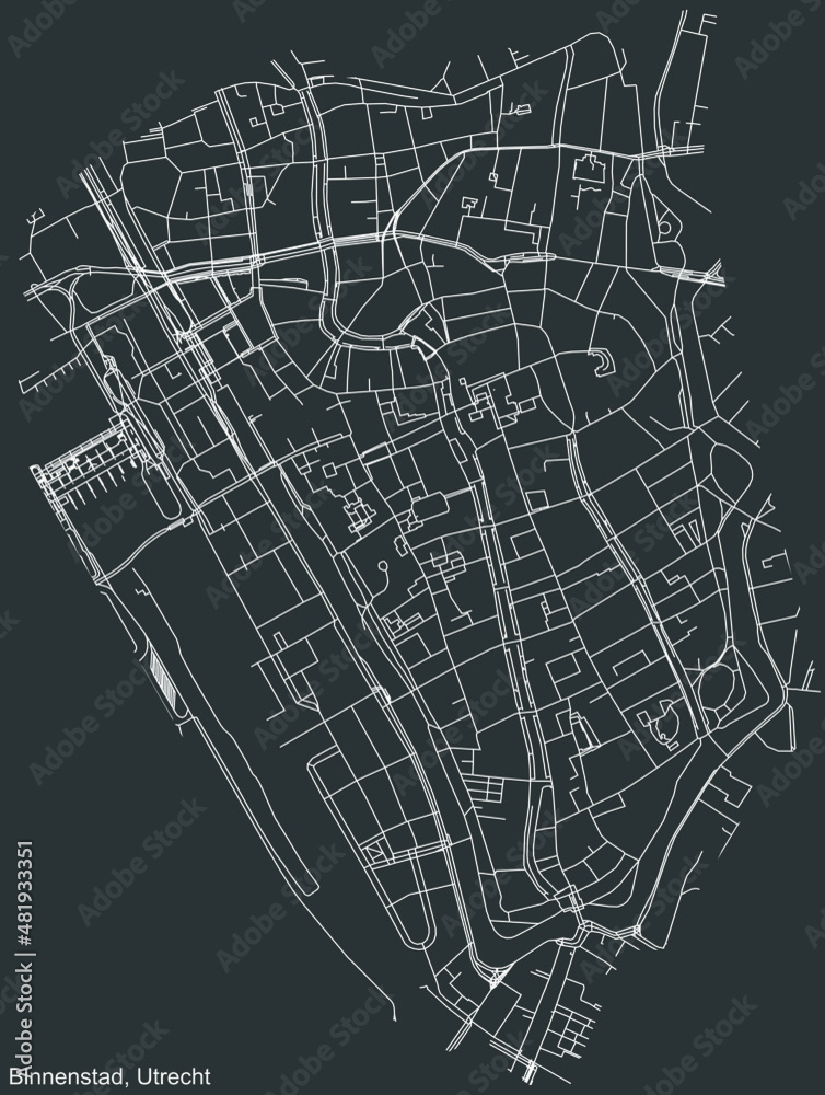 Detailed negative navigation white lines urban street roads map of the BINNENSTAD QUARTER of the Dutch regional capital city Utrecht, Netherlands on dark gray background