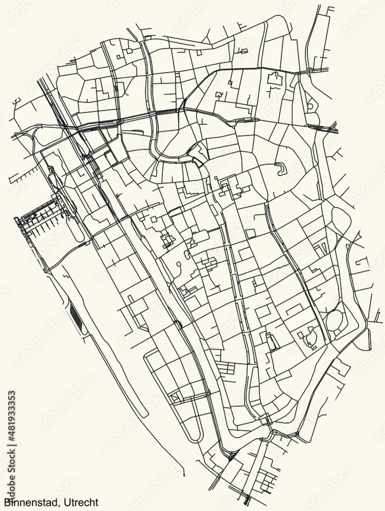 Detailed navigation black lines urban street roads map  of the BINNENSTAD QUARTER of the Dutch regional capital city Utrecht, Netherlands on vintage beige background