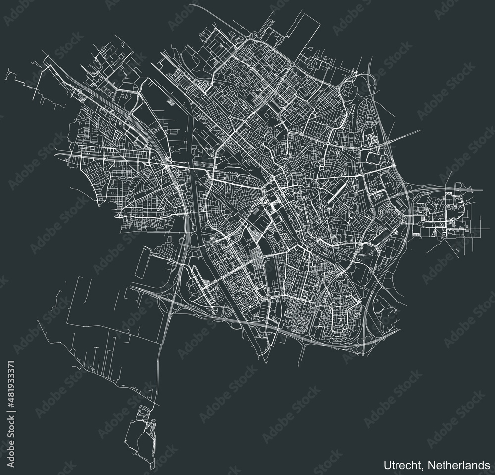 Detailed negative navigation white lines urban street roads map of the Dutch regional capital city of UTRECHT, NETHERLANDS on dark gray background