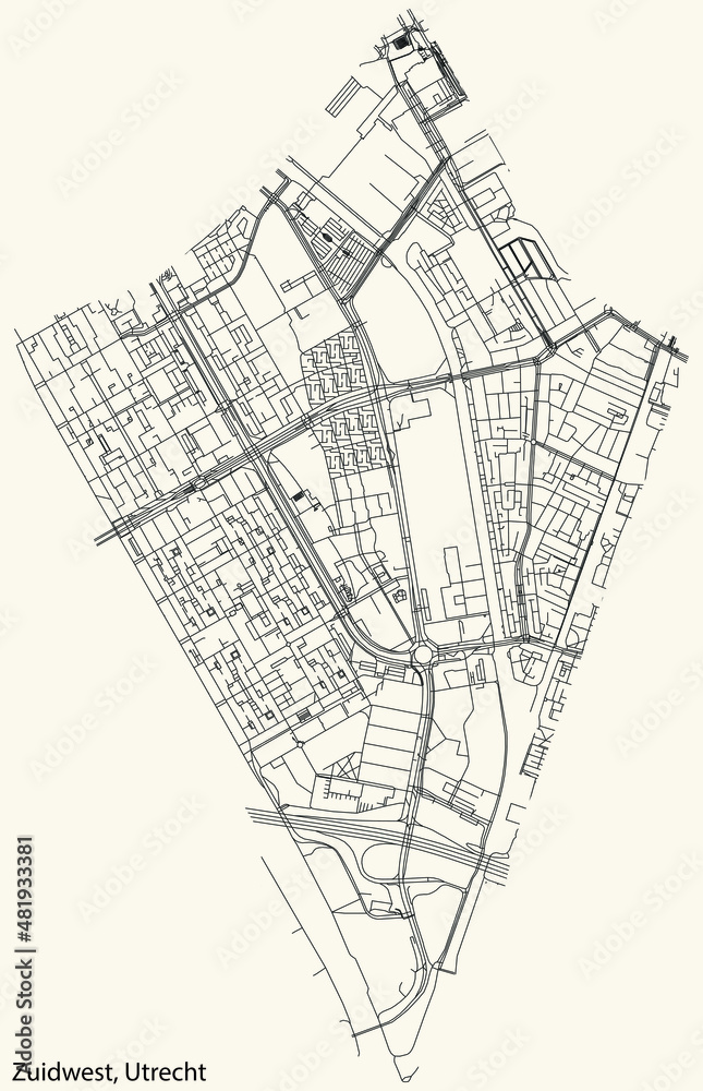 Detailed navigation black lines urban street roads map  of the ZUIDWEST QUARTER of the Dutch regional capital city Utrecht, Netherlands on vintage beige background