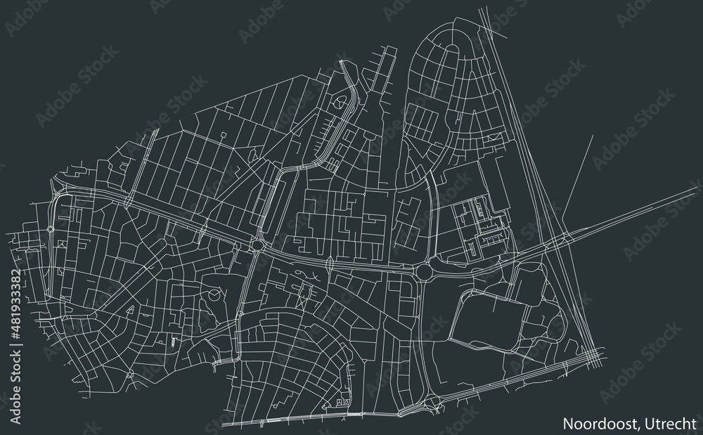 Detailed negative navigation white lines urban street roads map of the NOORDOOST QUARTER of the Dutch regional capital city Utrecht, Netherlands on dark gray background