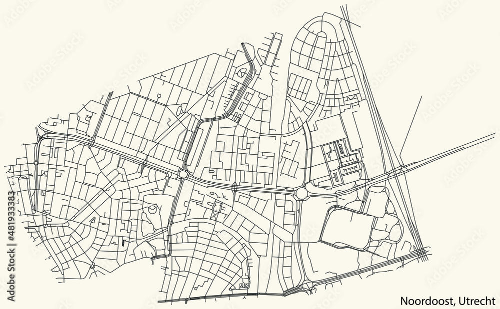 Fototapeta premium Detailed navigation black lines urban street roads map of the NOORDOOST QUARTER of the Dutch regional capital city Utrecht, Netherlands on vintage beige background