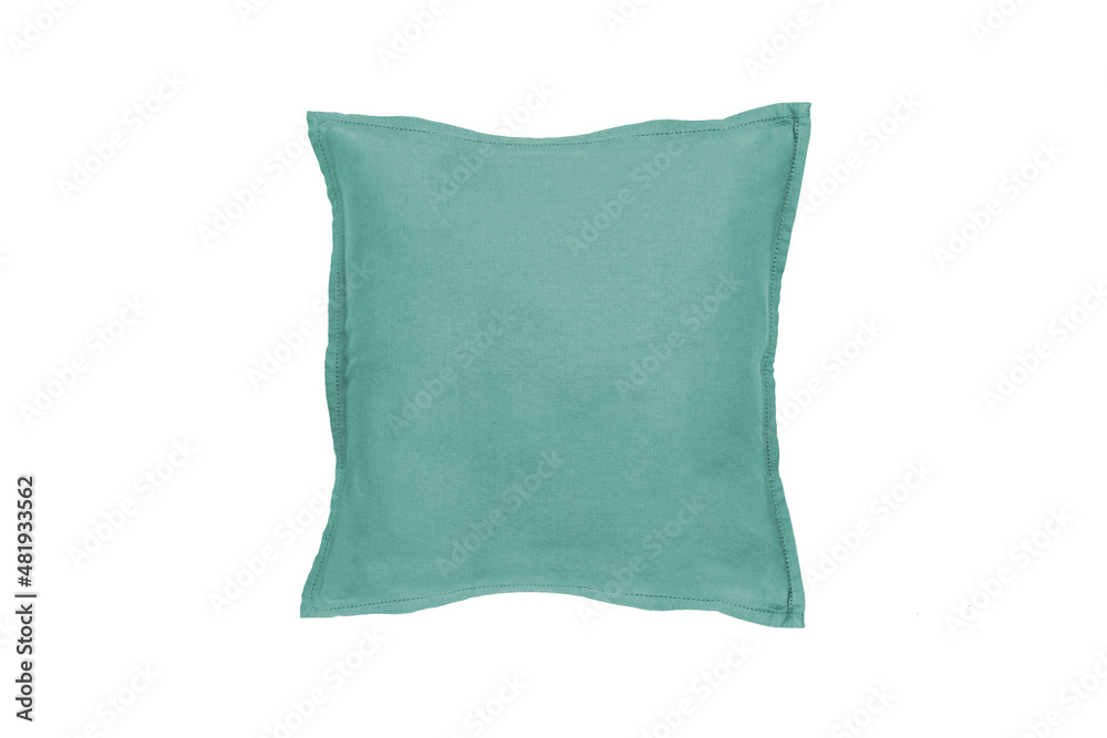 Decorative soft pillow, green linen, isolated on white background