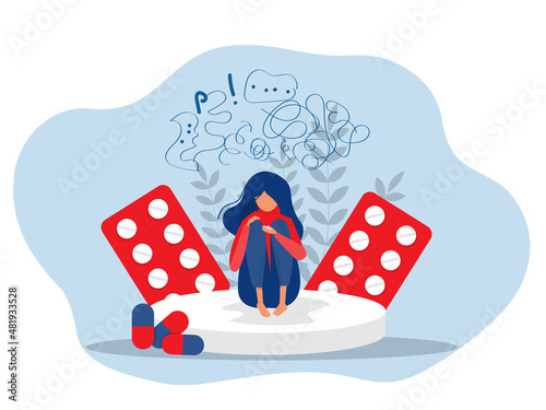 Woman with health problem anxiety sitting on large pill surrounded by drugs. Mental stress panic mind disorder illustration Flat vector illustration. photo