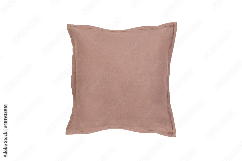 .Decorative soft pillow, light pink linen, isolated on white background