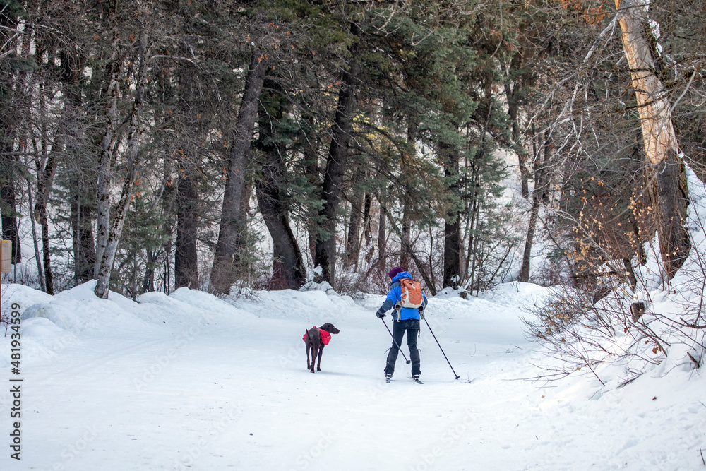 Winter mountain scene with frozen water and people