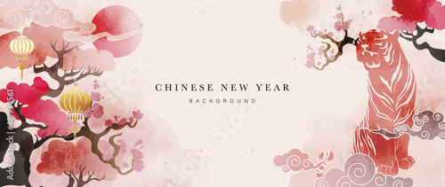Leinwand Poster Chinese new year 2022 year of the tiger watercolor background vector