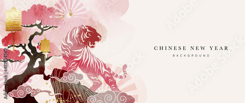 Print op canvas Chinese new year 2022 year of the tiger watercolor background vector