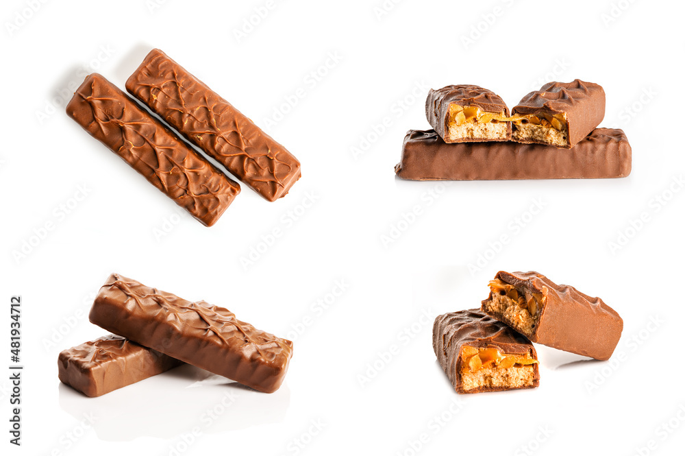 Set of chocolate peanut , caramel bar isolated on white background. Set of chocolate peanut , caramel bar isolated on white background.