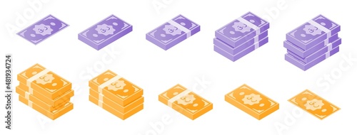 Qatari Riyal Banknote Isometric Icon Set