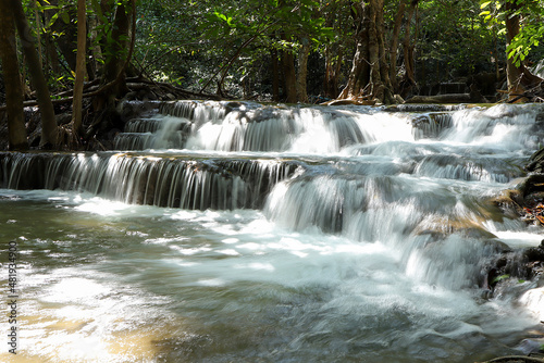 Fototapeta Naklejka Na Ścianę i Meble -  Huay Mae Khamin Waterfall. A beautiful stream waterfall at Srinakarin National Park Kanchanaburi province, Thailand