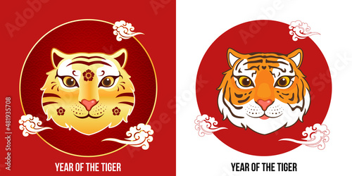 Happy Chinese new year, year of the tiger with 2 styles of illustration. Tiger heads vector with golden color and cute character decorated with Chinese elements.