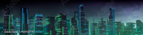 Sci-fi Metropolis with Green and Blue Neon lights. Night scene with Advanced Superstructures. photo