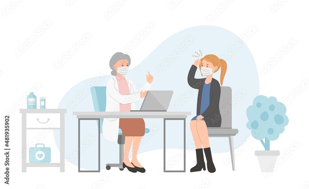 Woman patient in doctor office for medical consultation or diagnosis treatment, healthcare concept, nursing and medical staff