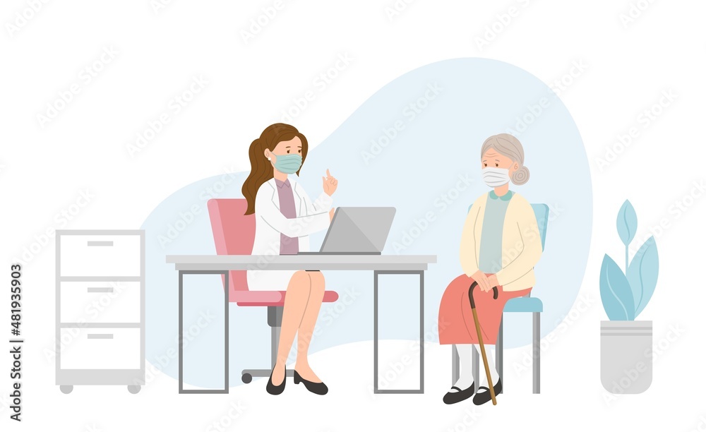 Elderly woman patient in doctor office for medical consultation or diagnosis treatment, healthcare concept, nursing with medical staff