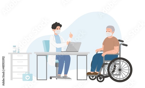 Man patient with wheelchair in doctor office for medical consultation or diagnosis treatment, healthcare concept, nursing and medical staff