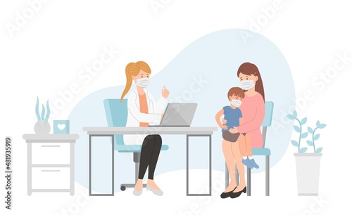 Patient with child and mother in doctor office for medical consultation or diagnosis treatment, healthcare concept, nursing and medical staff