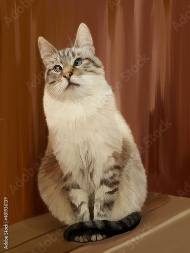 Realistic hand drawn portrait of sitting striped spotted cat with blue eyes on dark wooden background. Digital graphics color picture.