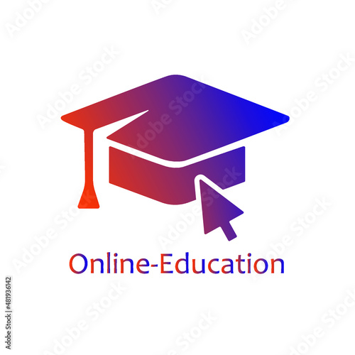 Education vector logo isolated on background with academic cap for online school symbol, internet e learning center and graduation concept, distant online courses and training icon