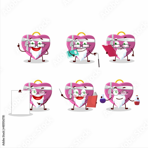 Professor pink love gift box academic cartoon character working on laboratory