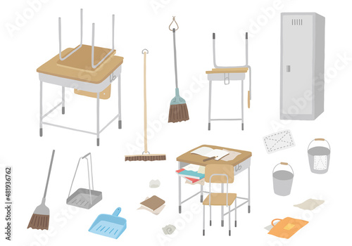 学校の掃除の時間にまつわる手描きイラスト（カラー/輪郭線なし）