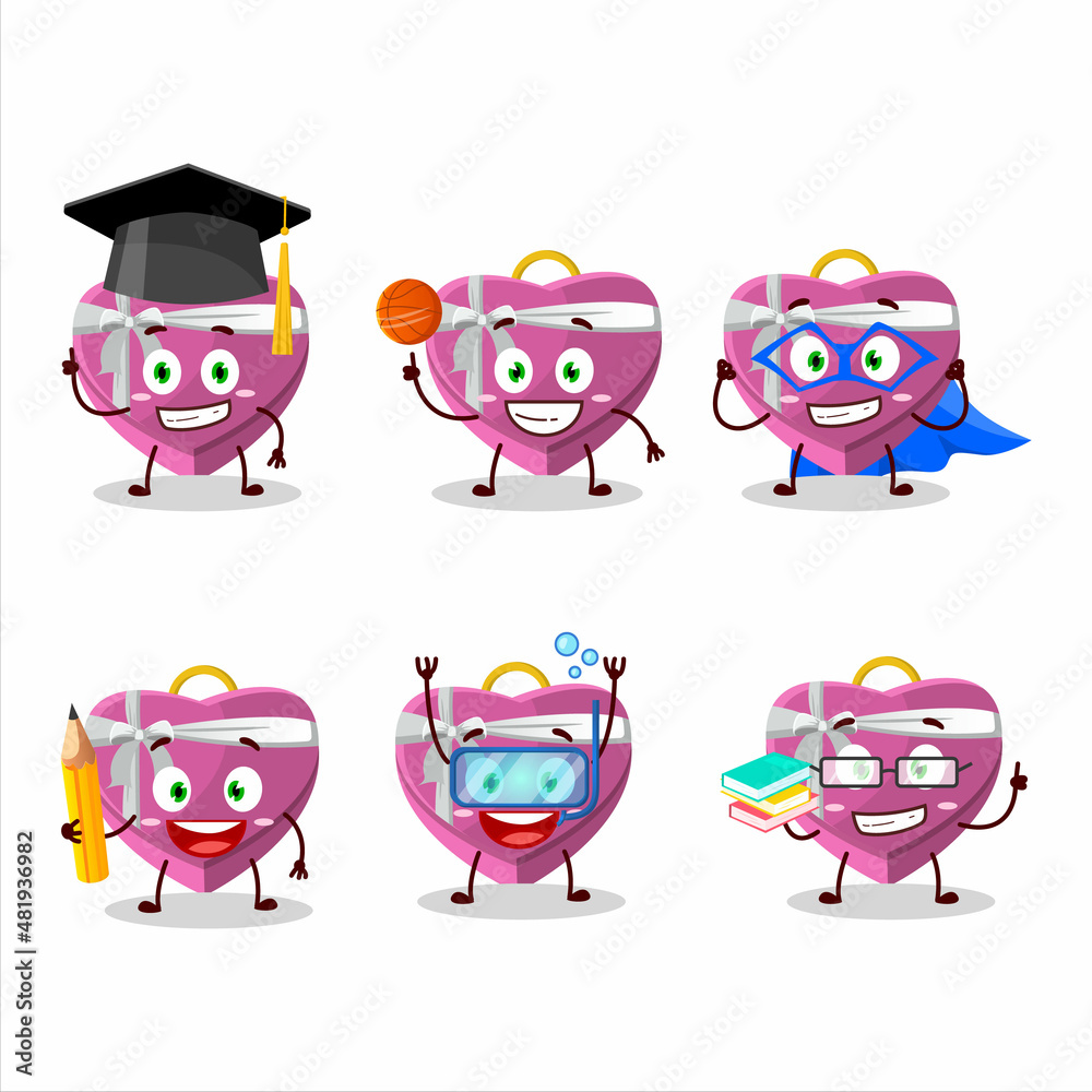 School student of pink love gift box cartoon character with various expressions