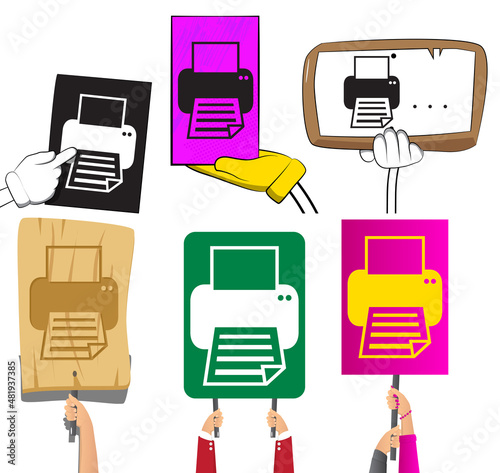 Hand holding banner with Printer sign, icon. Showing billboard. Printing business concept.