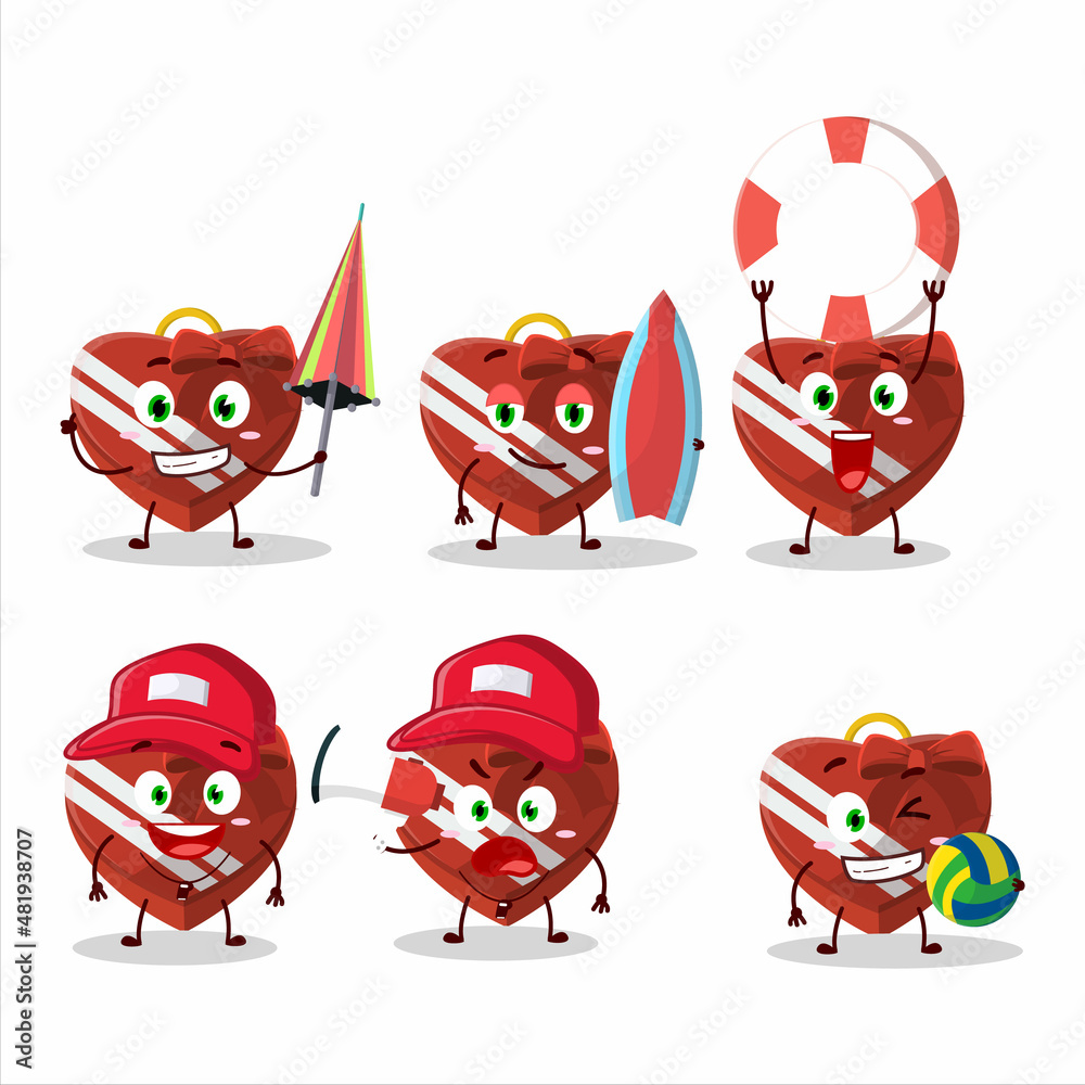 Happy Face red love gift box cartoon character playing on a beach