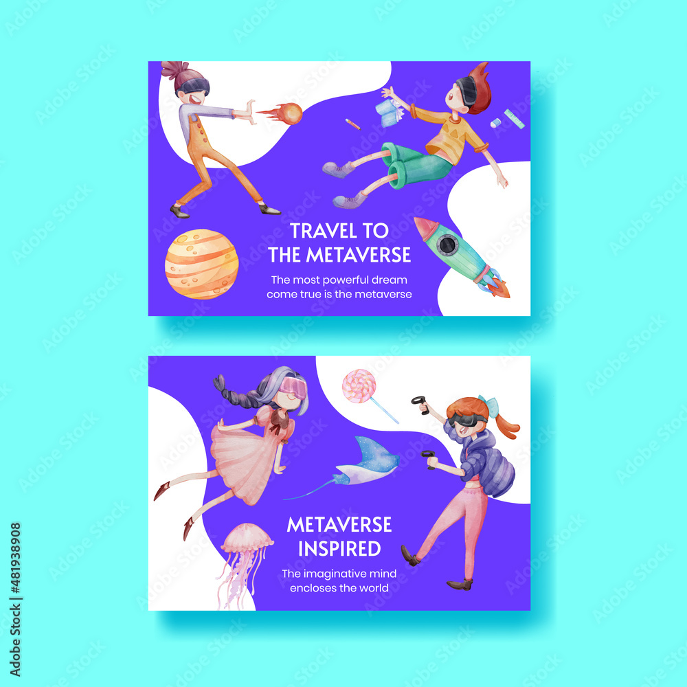 Fototapeta premium Facebook template with metaverse technology concept,watercolor style