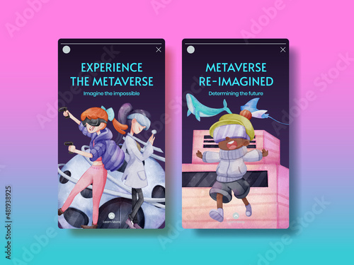 Instagram template with metaverse technology concept,watercolor style