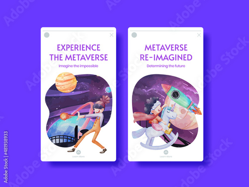 Instagram template with metaverse technology concept,watercolor style