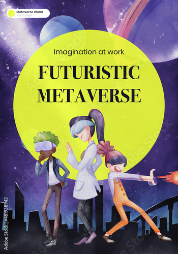 Poster template with metaverse technology concept,watercolor style