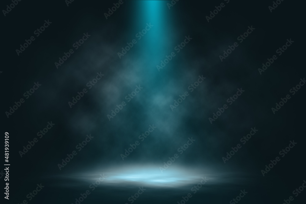 Blue smoke spotlight on stage night studio entertainment background.