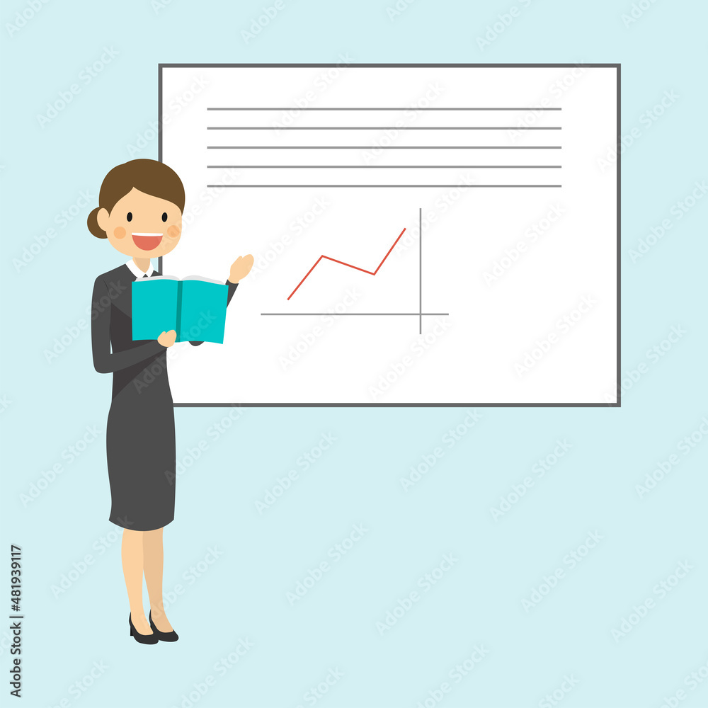 Female Teacher Cartoon Character Standing Teaching School Lesson and Explaining Data Female Teacher Cartoon Character Standing Teaching School Lesson and Explaining Data
