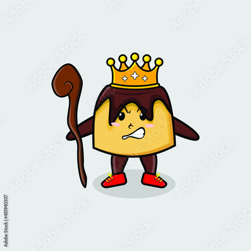 Cute cartoon cake mascot as wise king with golden crown and wooden stick cute modern style design for t-shirt, sticker, logo element
