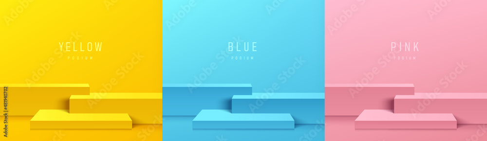 Set of abstract 3D room with yellow, light blue and pink cube steps pedestal podium set. Pastel minimal scene for product display presentation. Vector geometric platform design. Stage for showcase. Set of abstract 3D room with yellow, light blue and pink cube steps pedestal podium set. Pastel minimal scene for product display presentation. Vector geometric platform design. Stage for showcase.