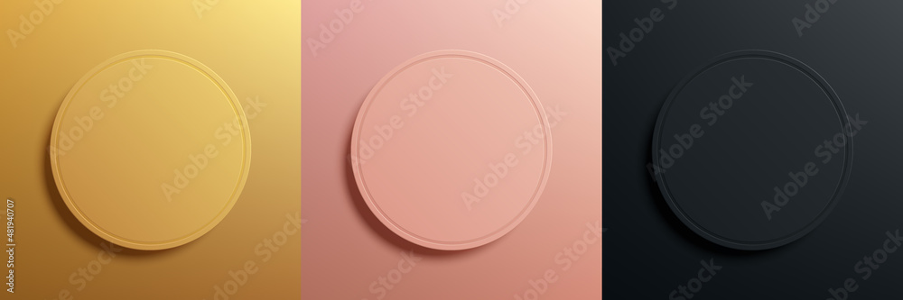 Set of gold, rose gold and black frame design. Abstract 3D circle pedestal or podium for cosmetic product. Collection of luxury geometric background with copy space. Top of view. Vector illustration. Set of gold, rose gold and black frame design. Abstract 3D circle pedestal or podium for cosmetic product. Collection of luxury geometric background with copy space. Top of view. Vector illustration.