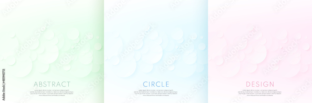 Set of abstract circles green, blue and pink color overlapping layered on white background. Modern luxury gradient geometric circular shape. Dotted pattern texture pastel color. Vector illustration