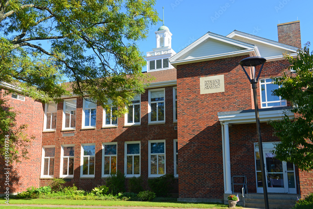 Wayland Town Hall at 41 Cochituate Road in historic town center of Wayland, Massachusetts MA, USA. 