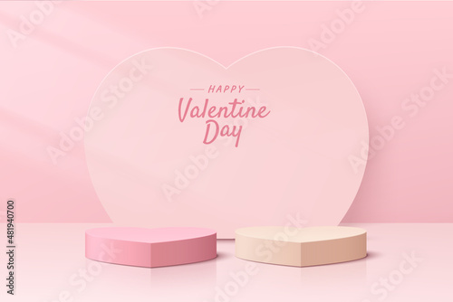 Abstract pink 3D room with realistic pink pedestal podium heart shape set. Pastel minimal scene for valentine product display presentation. Vector rendering geometric platform. Stage for showcase.