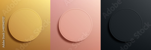 Set of gold, rose gold and black frame design. Abstract 3D circle pedestal or podium for cosmetic product. Collection of luxury geometric background with copy space. Top of view. Vector illustration.