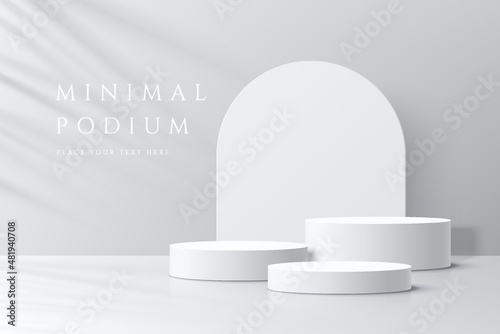 Abstract white 3D room with realistic white cylinder pedestal podium set and palm leaf shadow overlay. Minimal scene for product display presentation. Vector geometric platform. Stage for showcase.